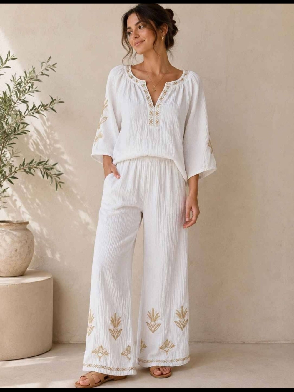 Style & Co. Bohemiam  Embroidered White Wide-Leg  Pants And Blouse Set
